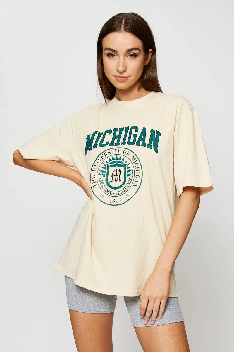 Beige Graphic T Shirt Short Sleeve