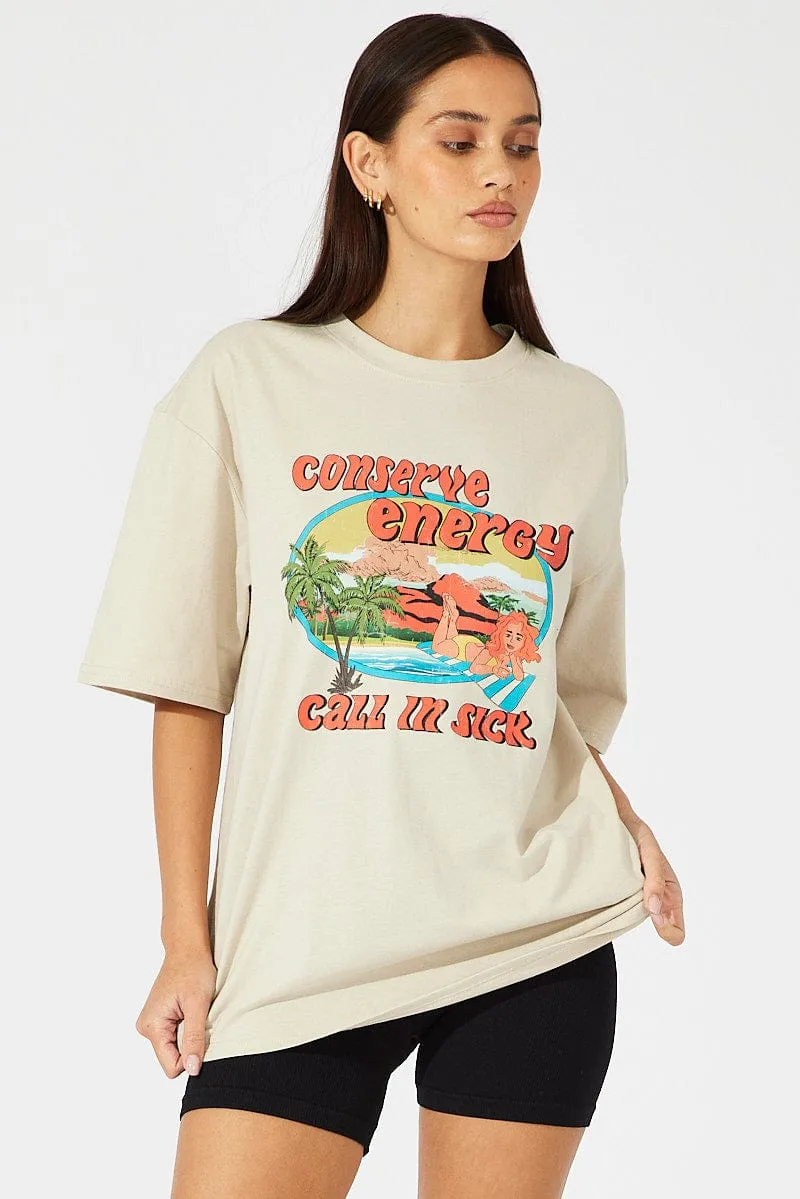Beige Graphic Tee Short Sleeve