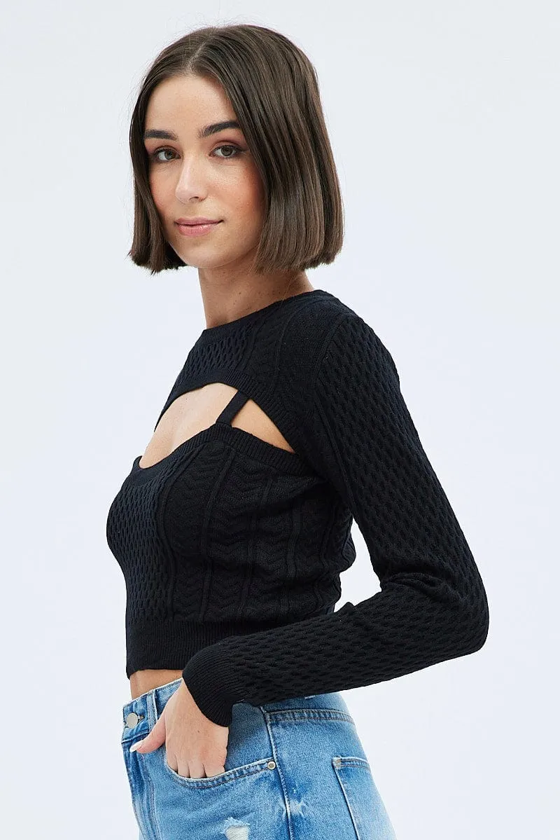 Black Cable Knit Shrug And Singlet Top Long Sleeve