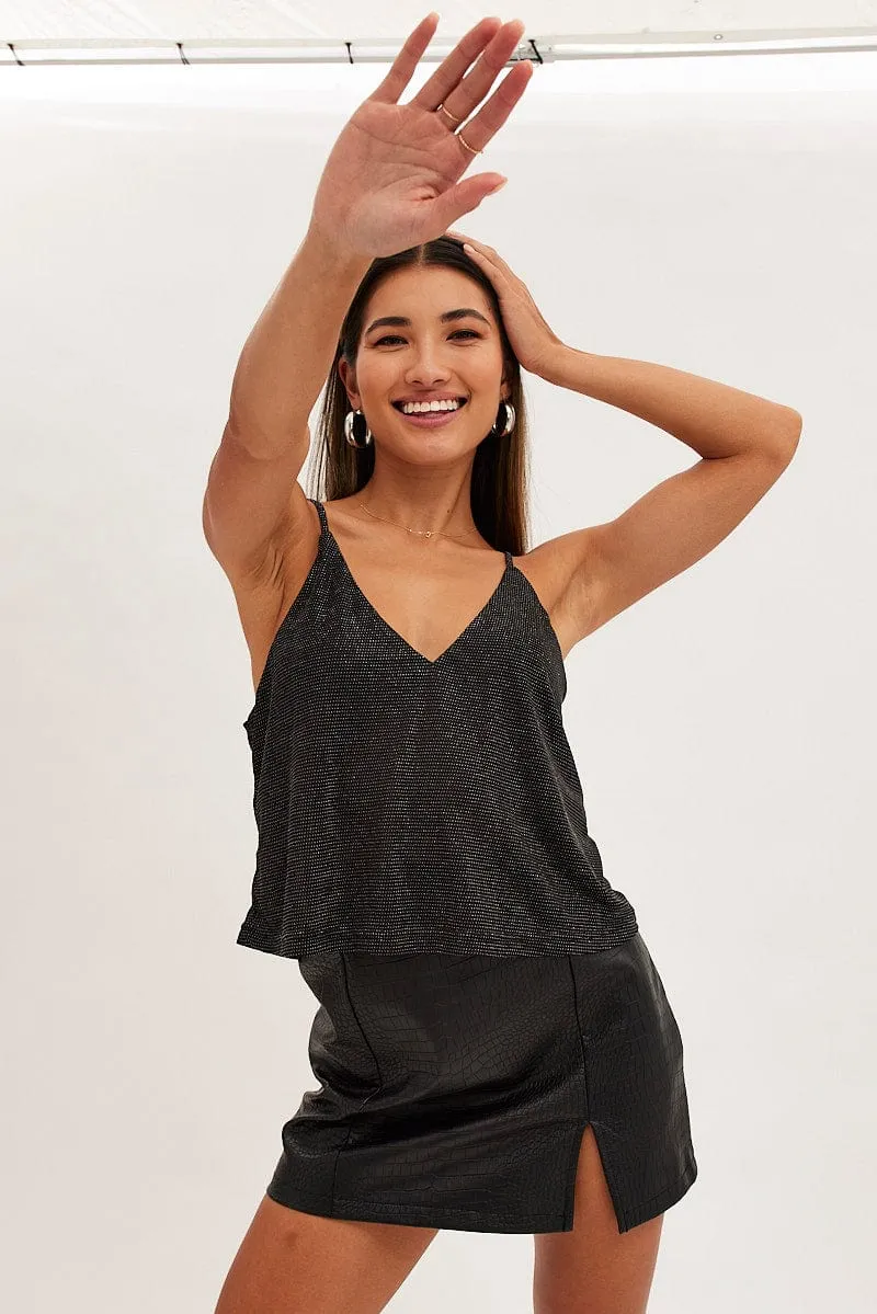 Black Diamonte Jersey V Neck Cami