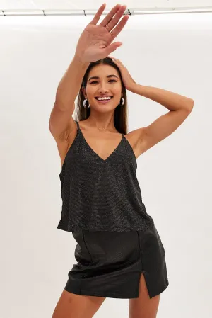 Black Diamonte Jersey V Neck Cami