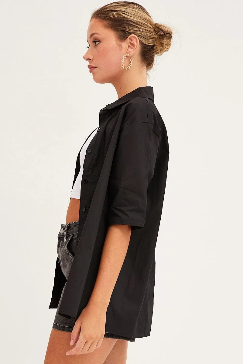 Black Relaxed Fit Shirt Short Sleeve Collared Longline