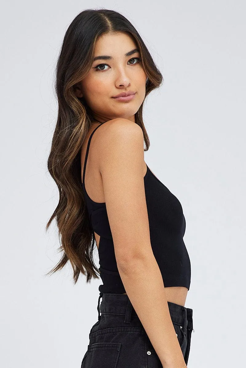 Black Singlet Top Round Neck Seamless