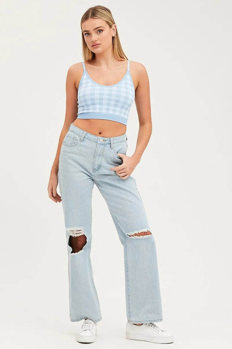 Blue Check Singlet Crop Top Seamless