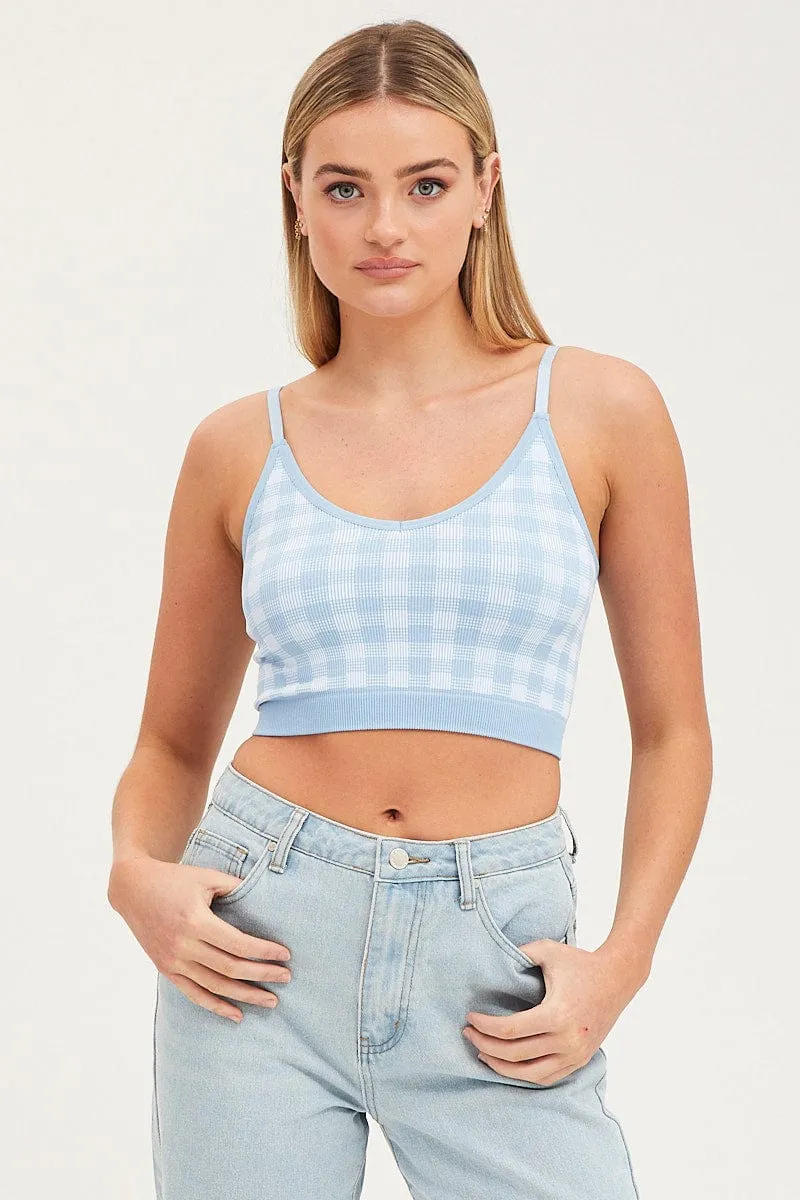 Blue Check Singlet Crop Top Seamless