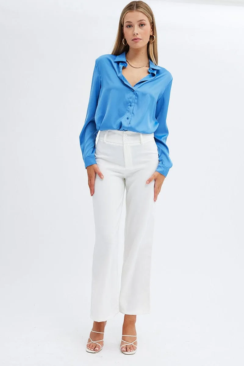 Blue Shirt Long Sleeve Collared Longline Matte Satin