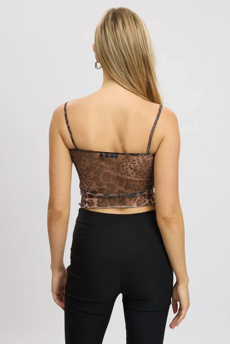 Brown Animal Print Cami Top Sleeveless Bow