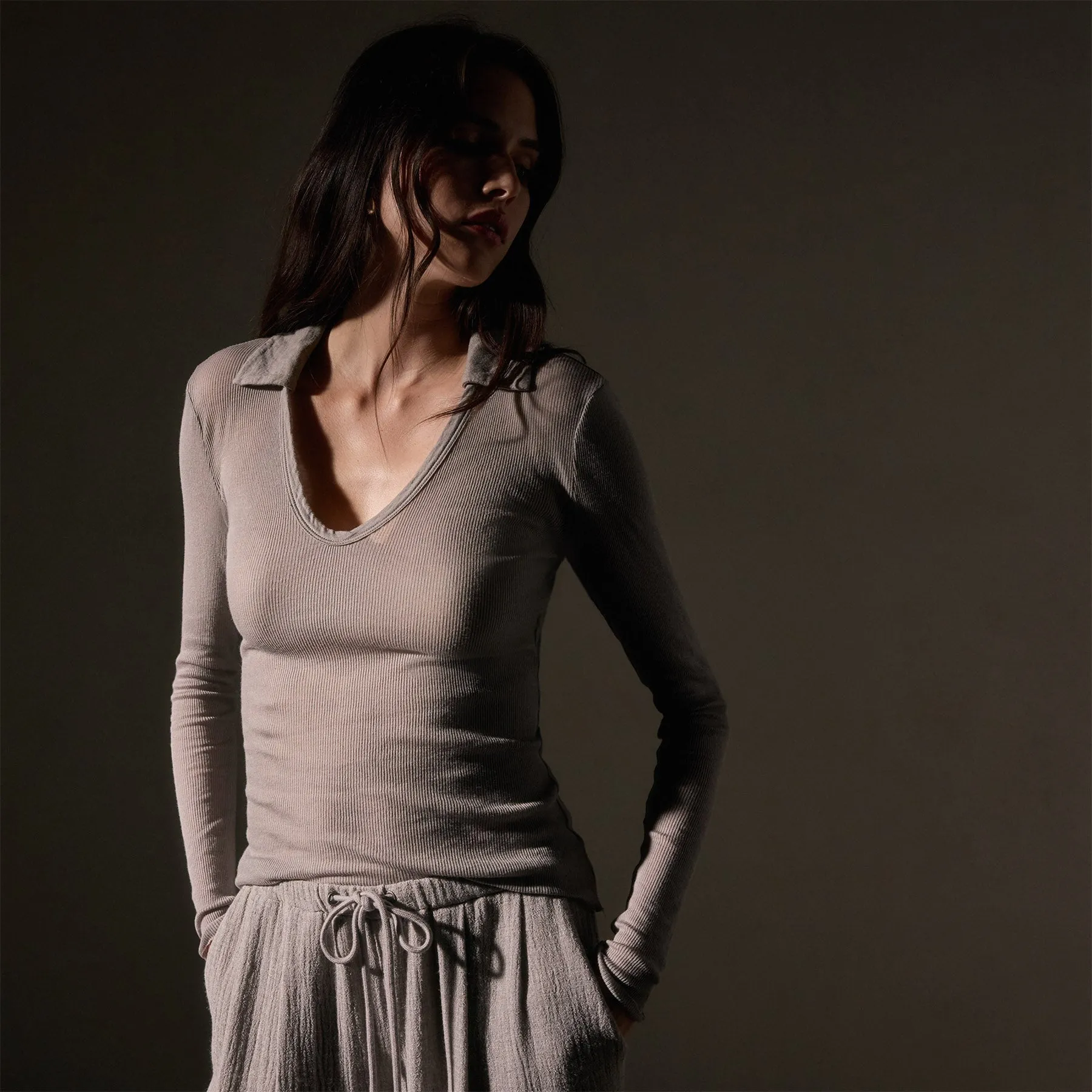 Cotton Cashmere Rib Open Polo - Dapple