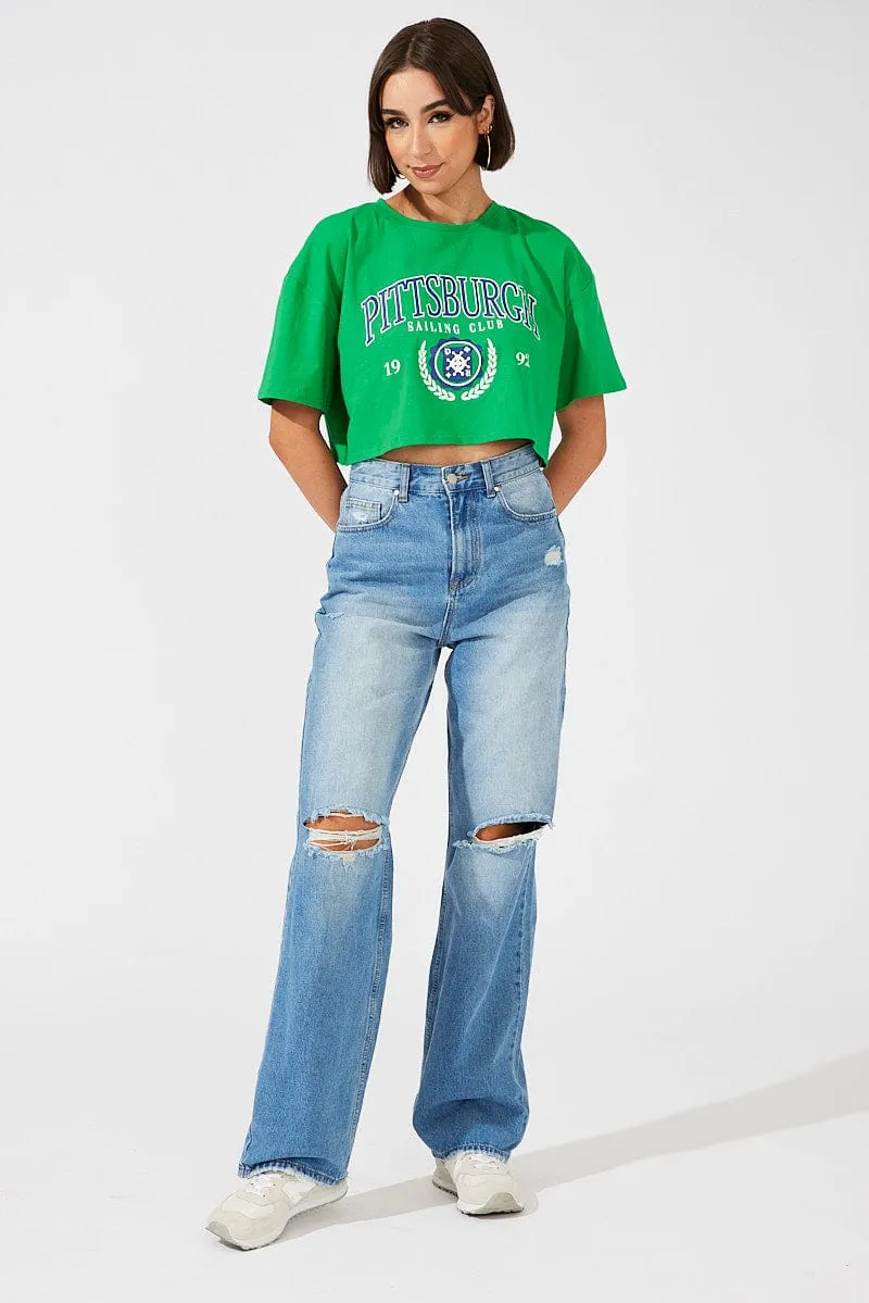 Green Print Graphic Tee Pittsburgh Crop Varsity T-shirt