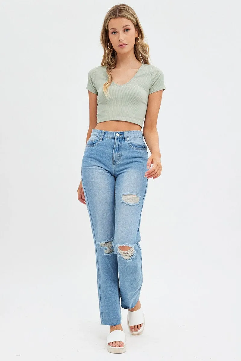 Green T Shirt Short Sleeve V Neck Seamless