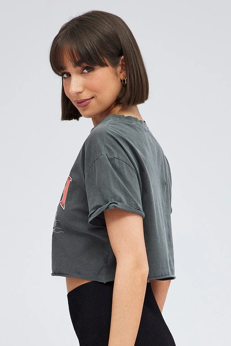 Grey Crop Tee Short Sleeve Graphic Print
