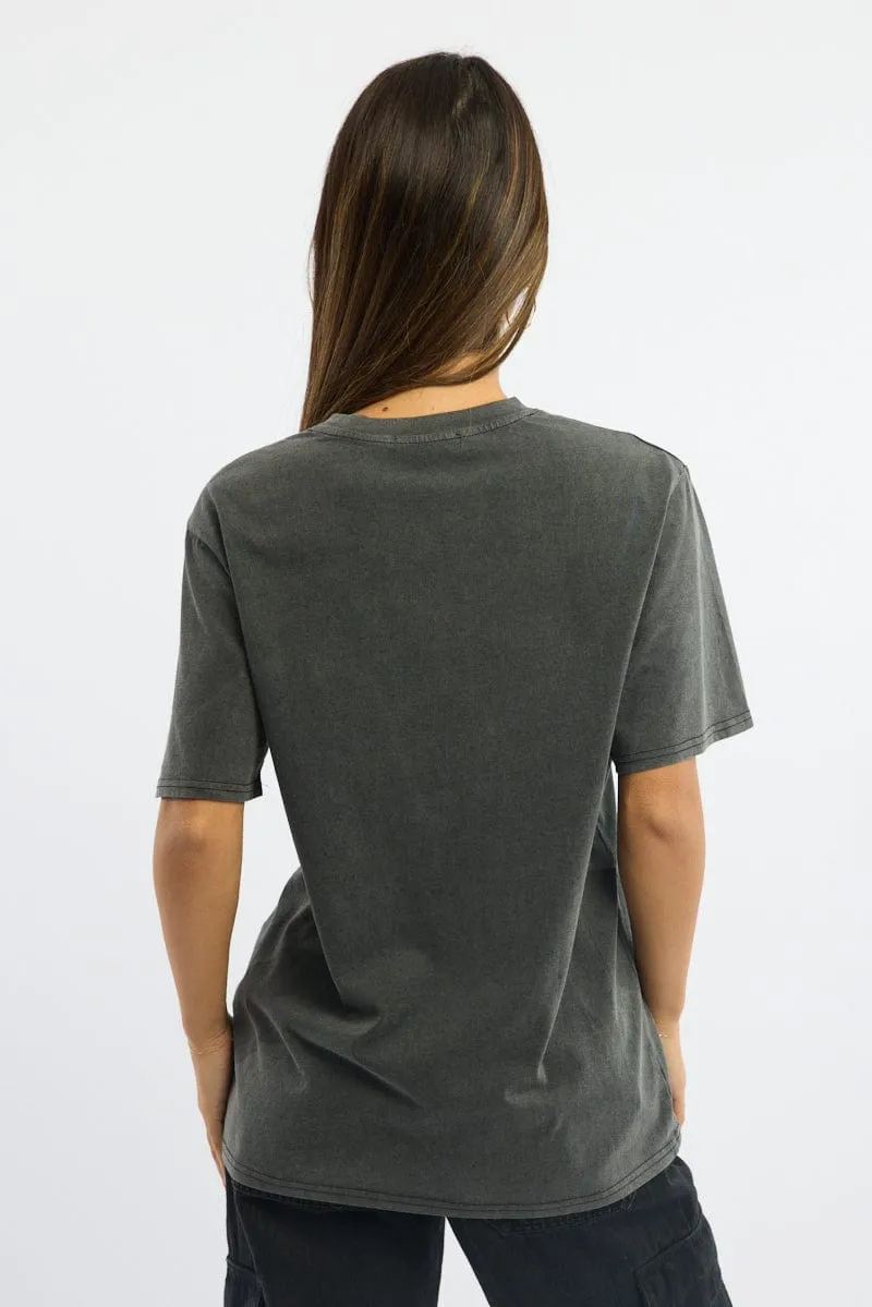 Grey Graphic Tee Short Sleeve Garment Washed