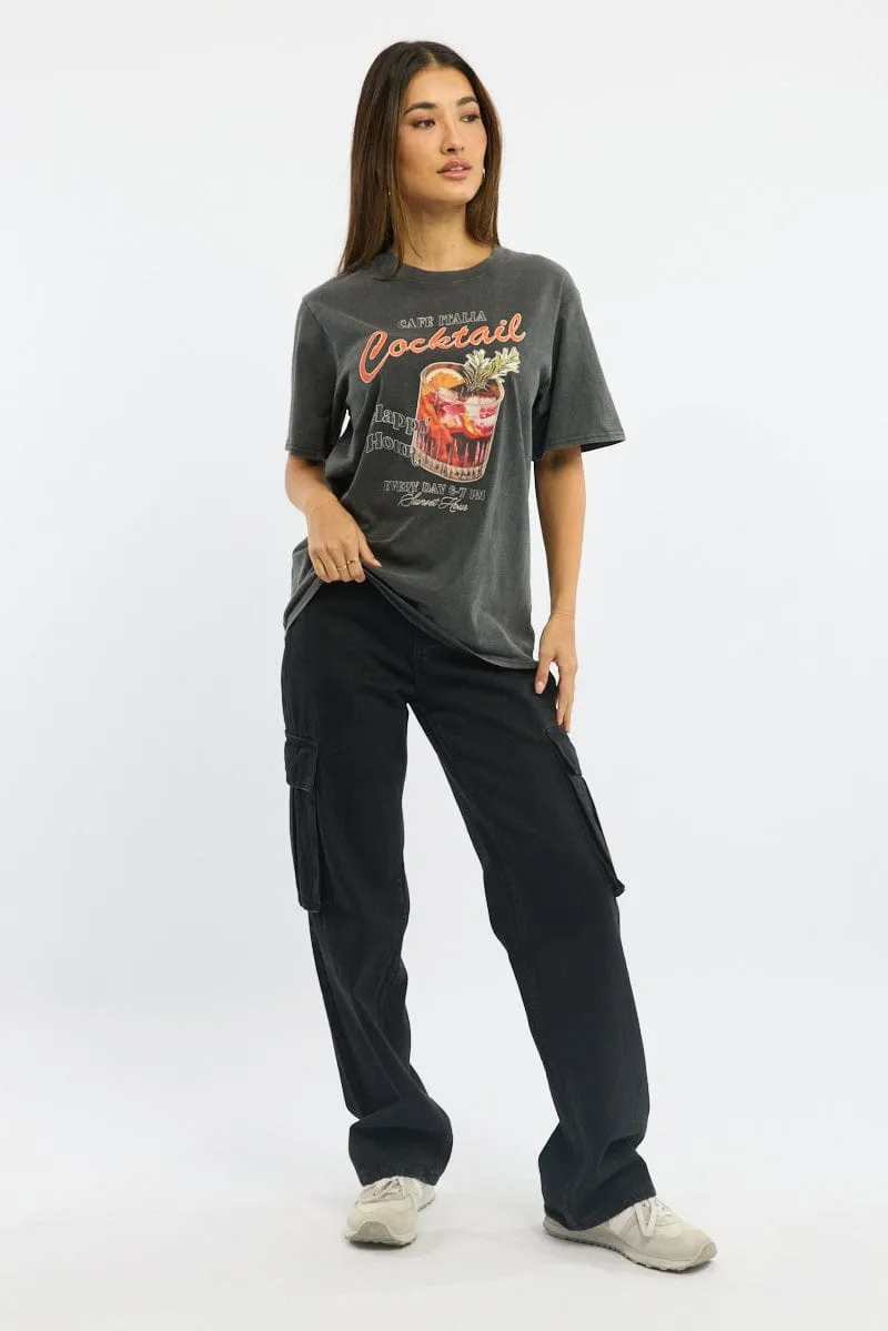 Grey Graphic Tee Short Sleeve Garment Washed
