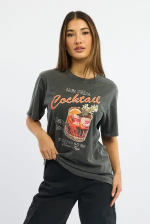 Grey Graphic Tee Short Sleeve Garment Washed