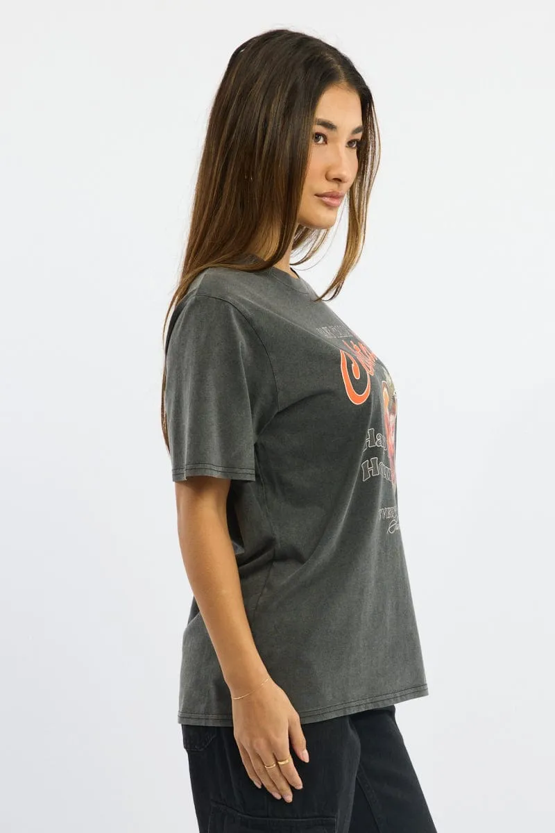 Grey Graphic Tee Short Sleeve Garment Washed
