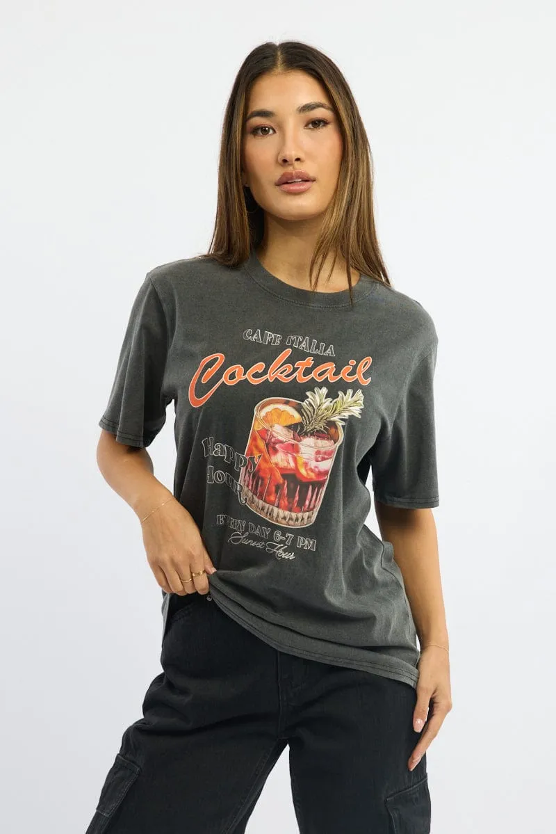 Grey Graphic Tee Short Sleeve Garment Washed