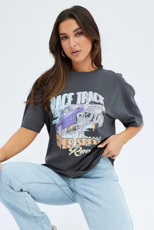 Grey Graphic Tee Short Sleeve Round Neck Print Jersey