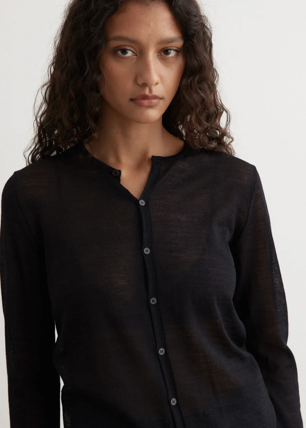 Hard Twist High Gauge Wool Silk Knit Cardigan
