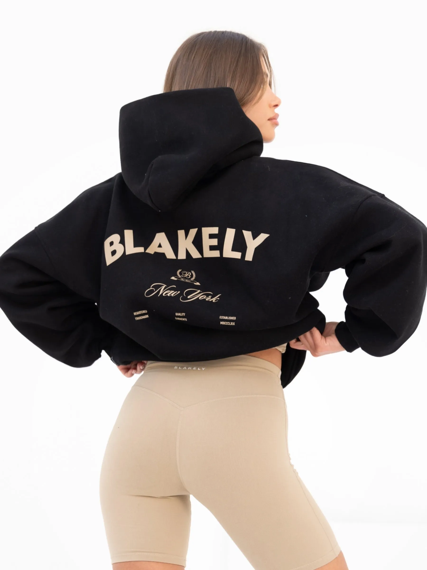 NY Crest Oversized Hoodie & Soft Shorts Set - Black & Tan