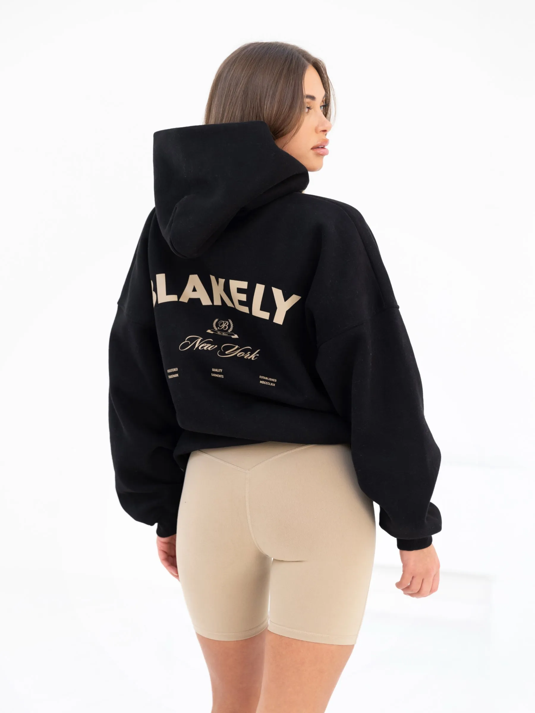 NY Crest Oversized Hoodie & Soft Shorts Set - Black & Tan