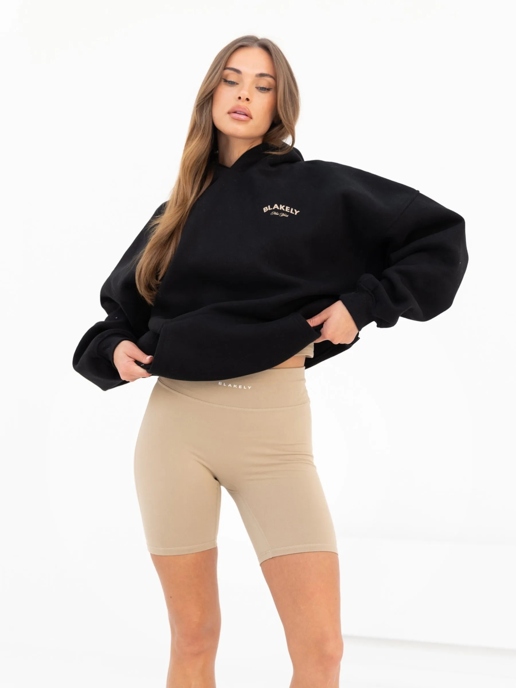 NY Crest Oversized Hoodie & Soft Shorts Set - Black & Tan