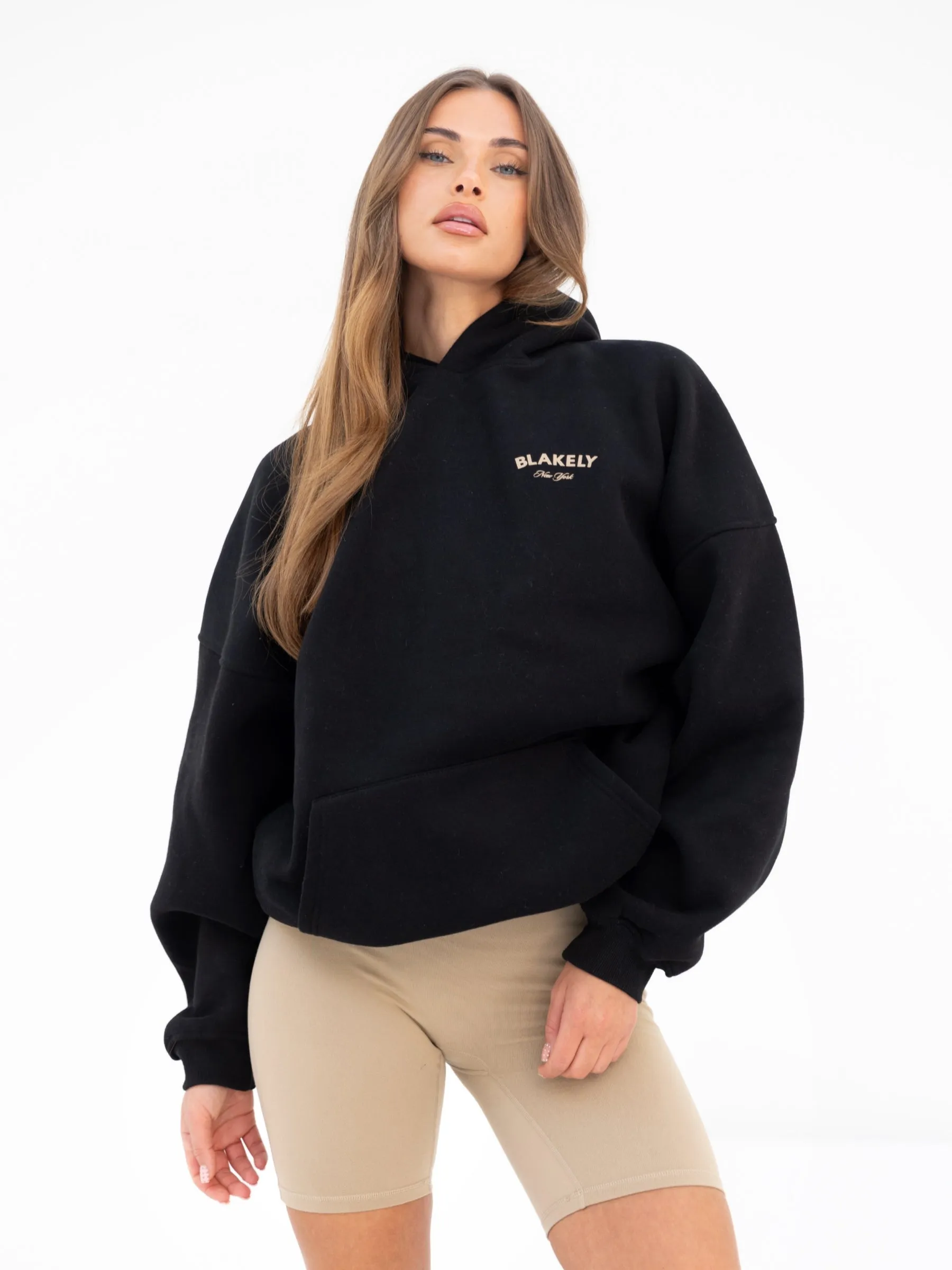 NY Crest Oversized Hoodie & Soft Shorts Set - Black & Tan