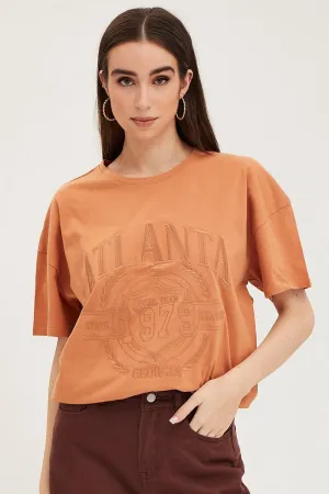 Orange Graphic T Shirt Embroided