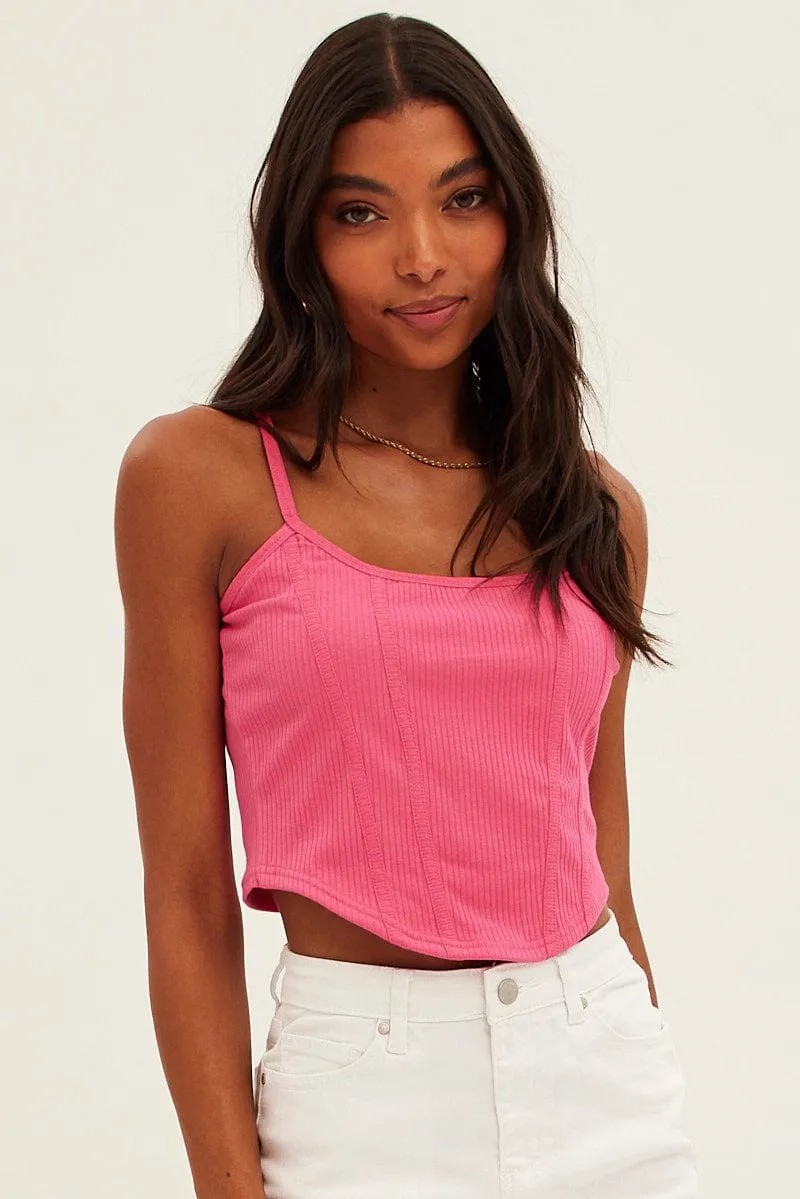 Pink Corset Singlet Sleeveless Scoop Neck Rib Jersey