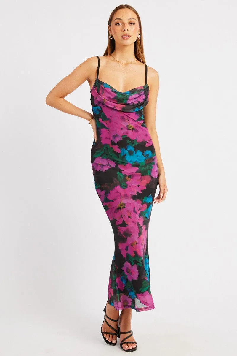 Pink Floral Bodycon Dress Singlet Cowl Neck Maxi