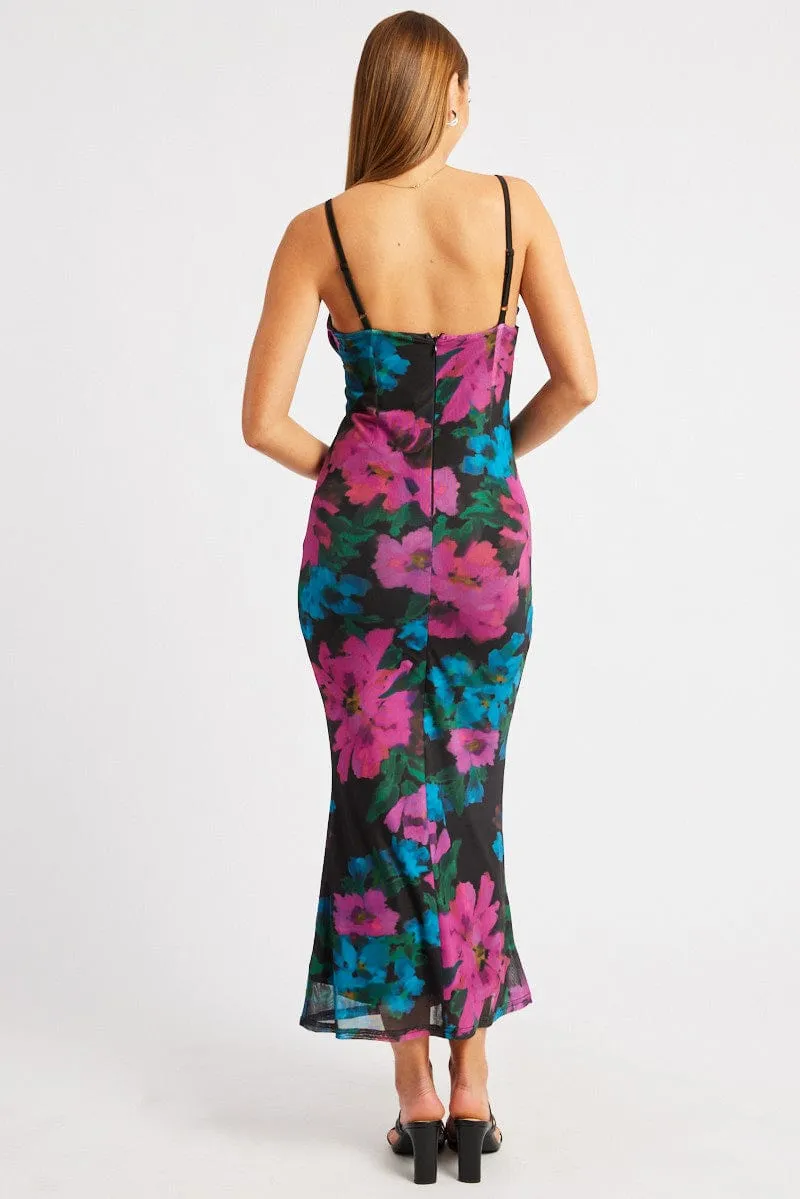 Pink Floral Bodycon Dress Singlet Cowl Neck Maxi
