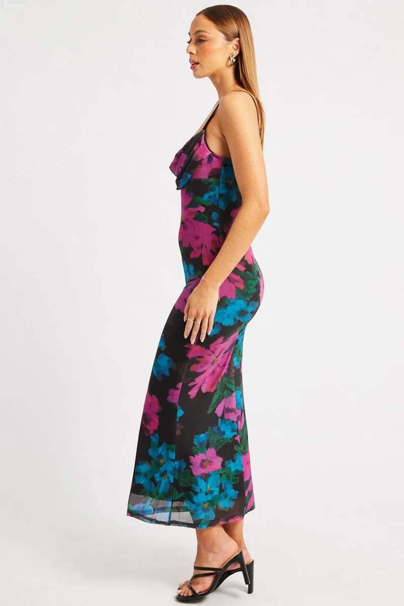 Pink Floral Bodycon Dress Singlet Cowl Neck Maxi