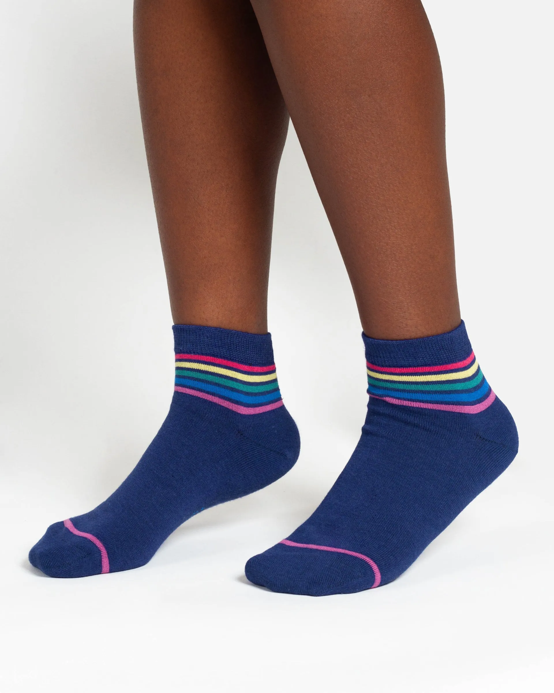 Rainbow Stripe Tipped Short Bamboo Ankle Socks - Blue Rainbow