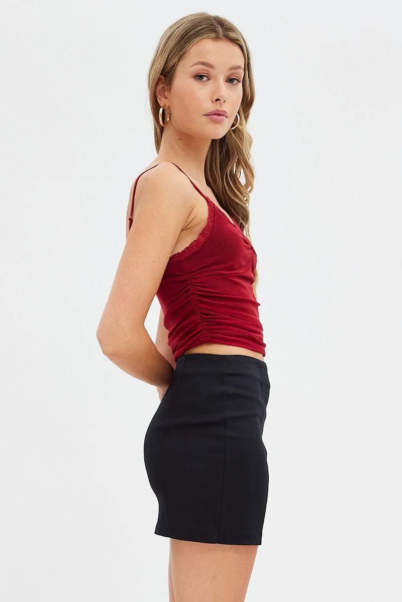 Red Abstract Singlet Lace Crop Top Ribbon Details