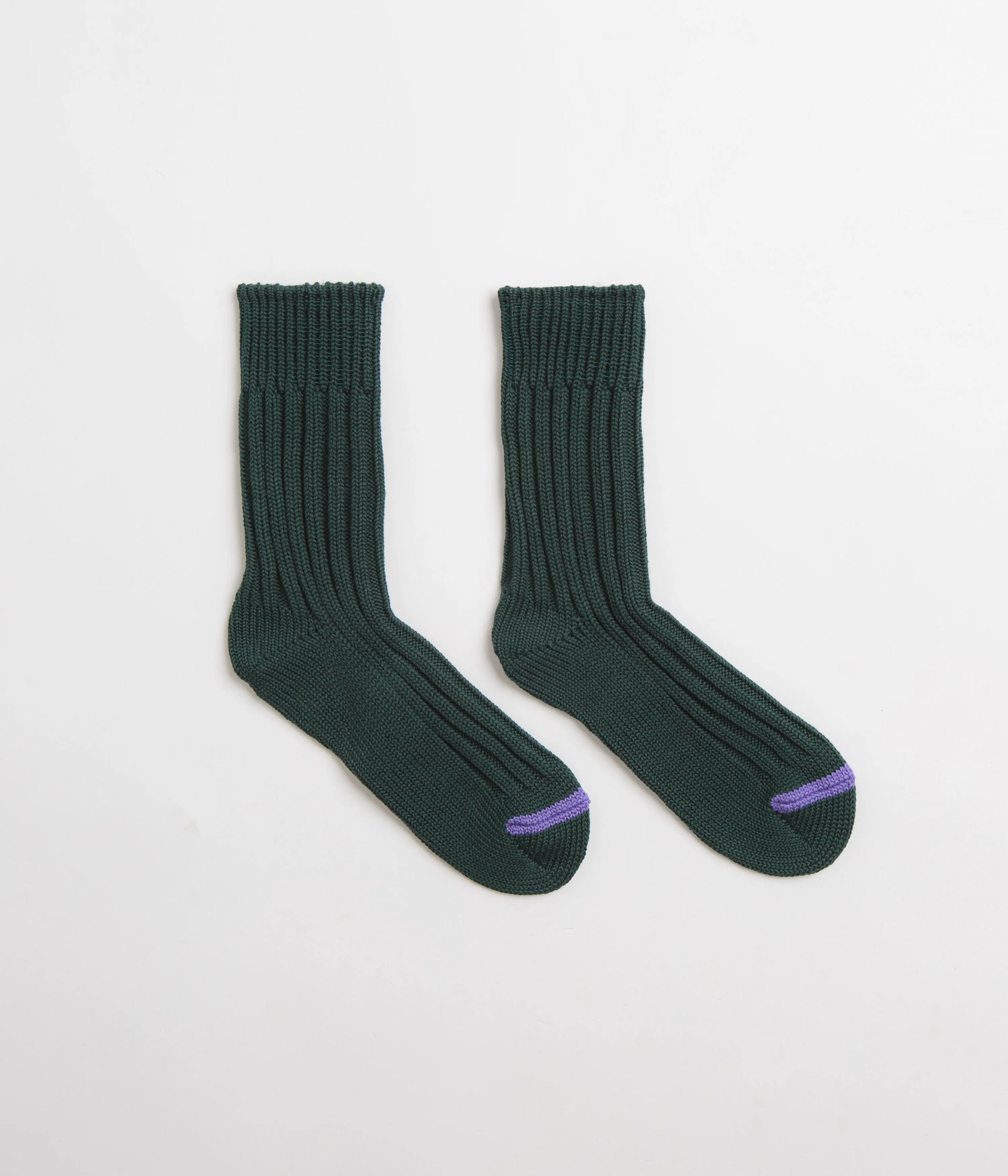 ROTOTO Chunky Ribbed Crew Socks - Dark Green / Purple