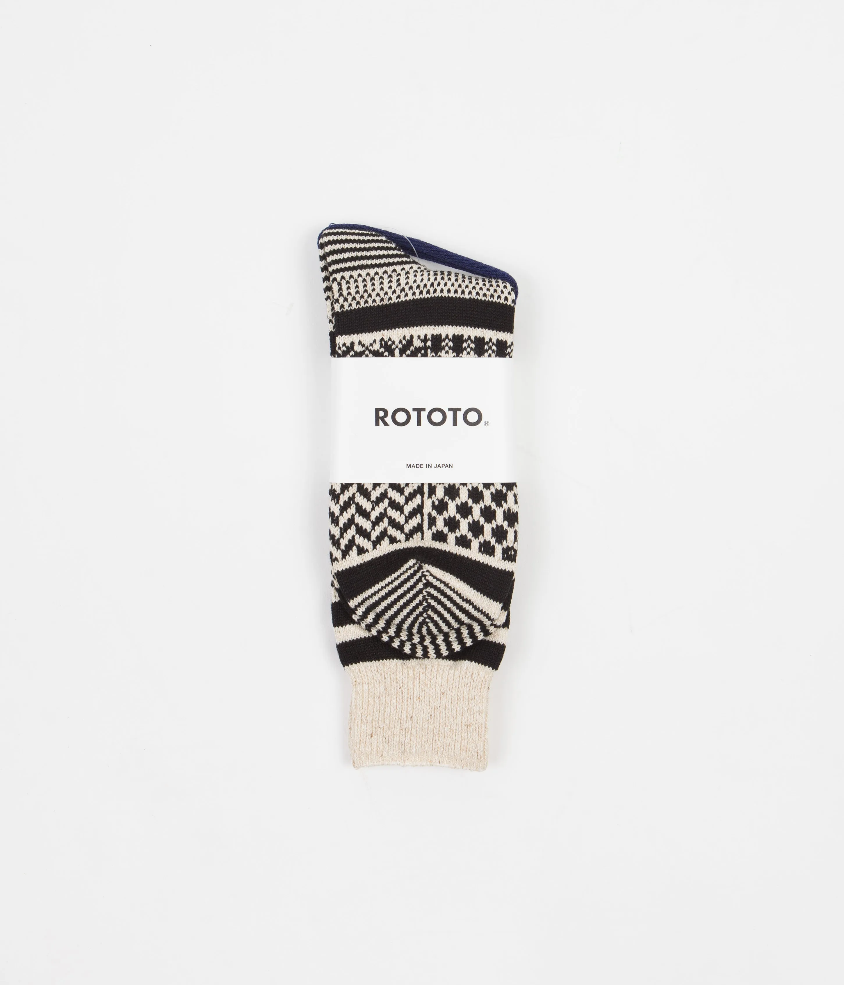 RoToTo Jacquard Crew Socks - Ivory / Black