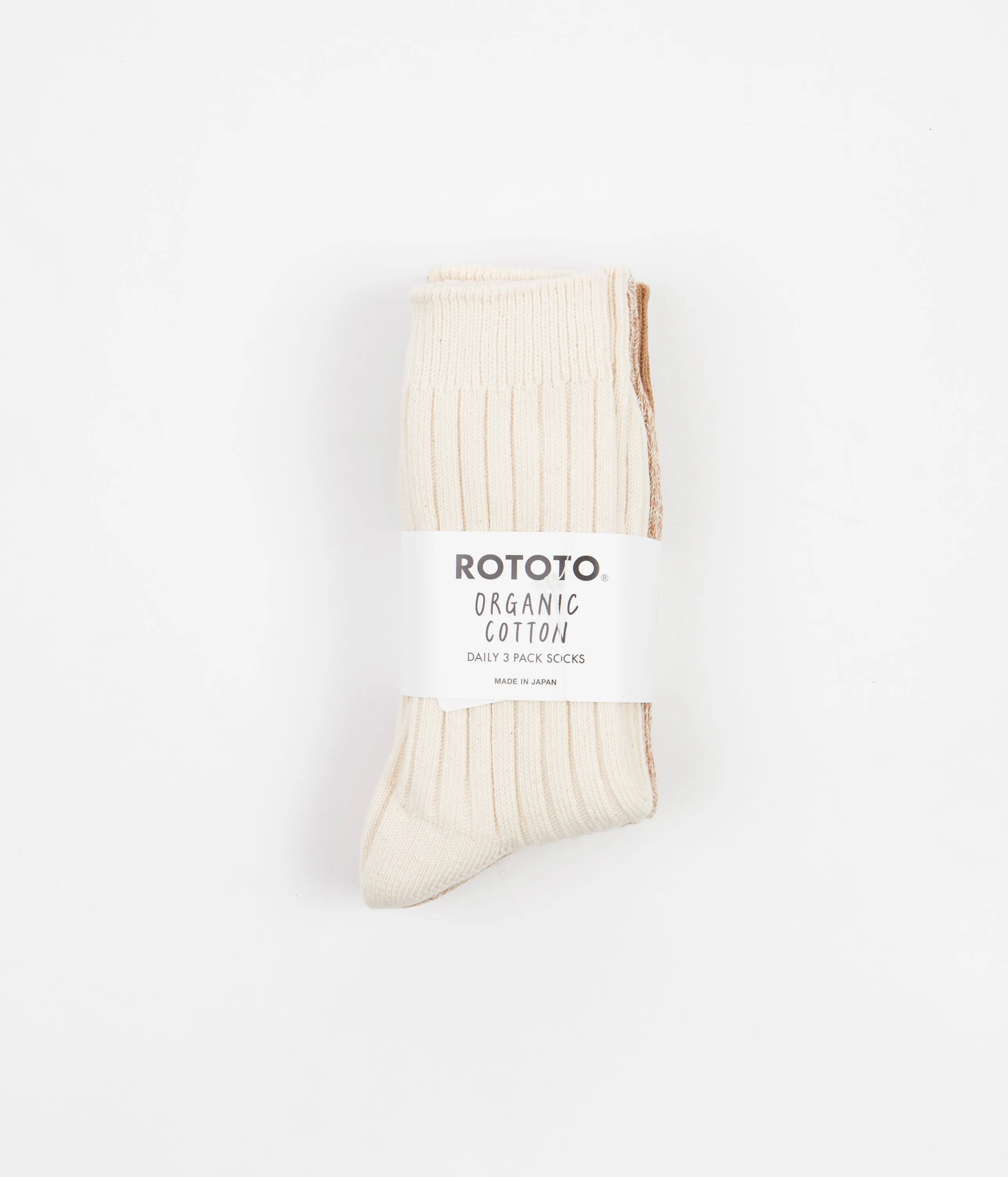RoToTo Organic Ribbed Crew Socks (3 Pack) - Ecru / Brown