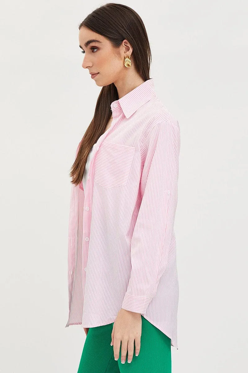 Stripe Oversized Shirts Long Sleeve Collared