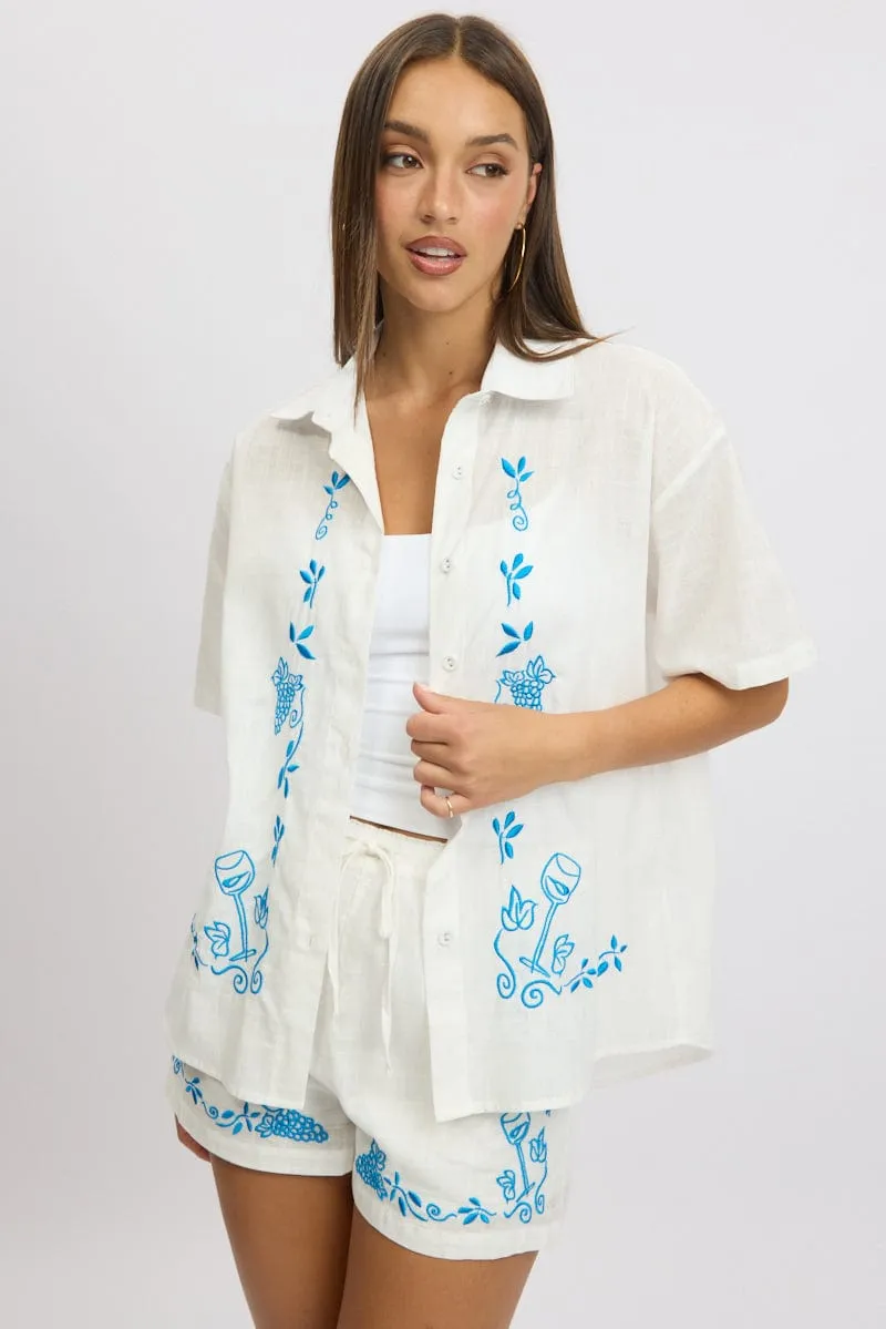 White Embroidery Shirt Short Sleeve Linen Blend