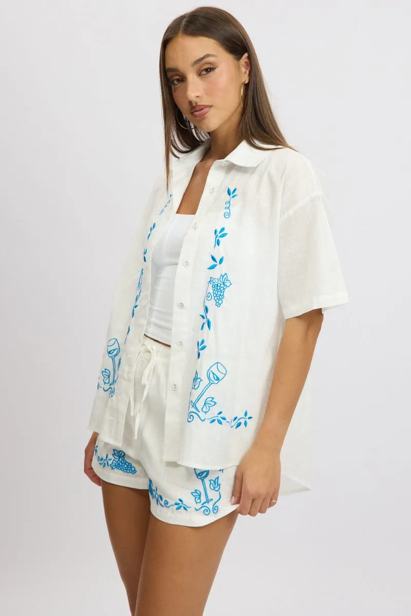 White Embroidery Shirt Short Sleeve Linen Blend