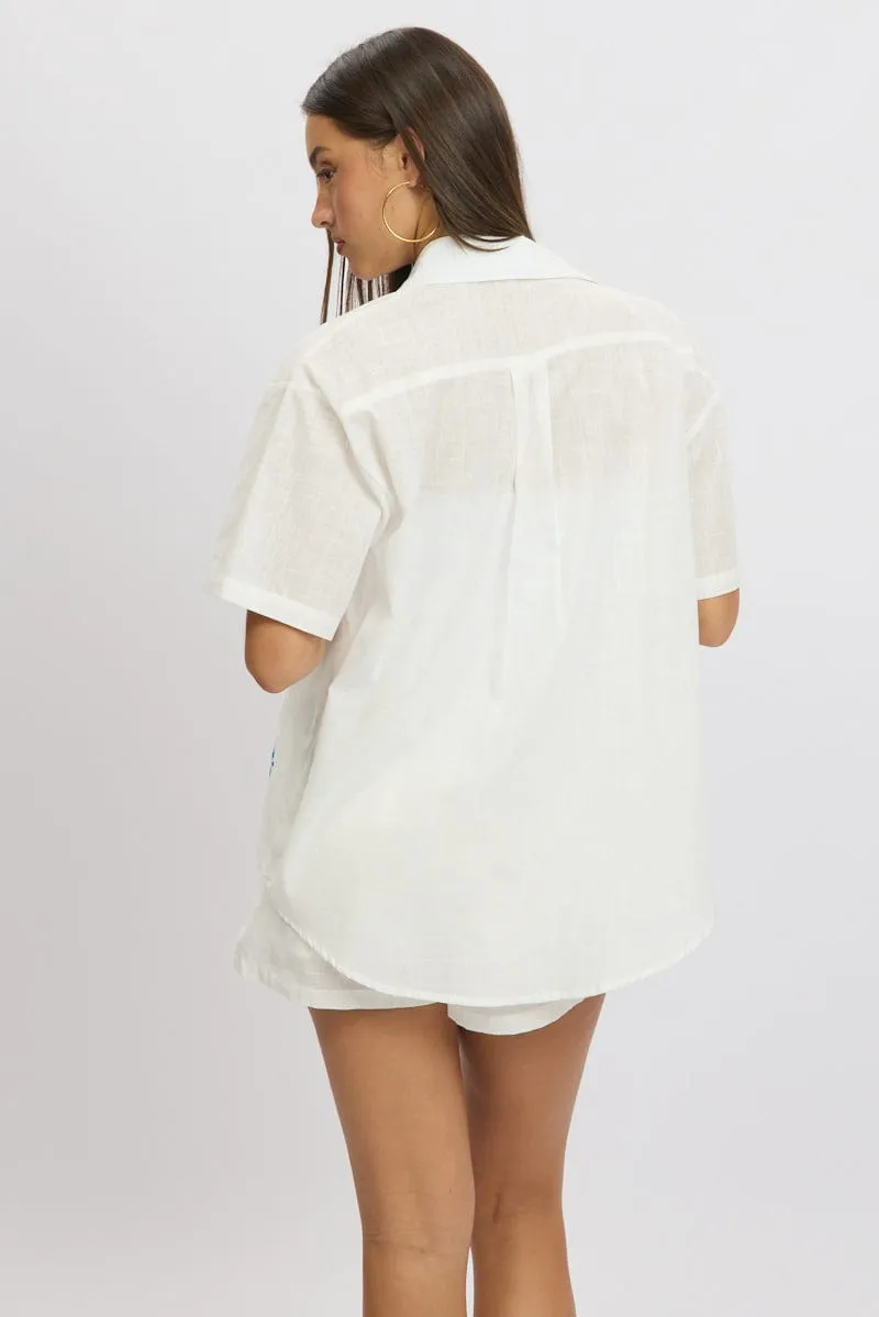 White Embroidery Shirt Short Sleeve Linen Blend