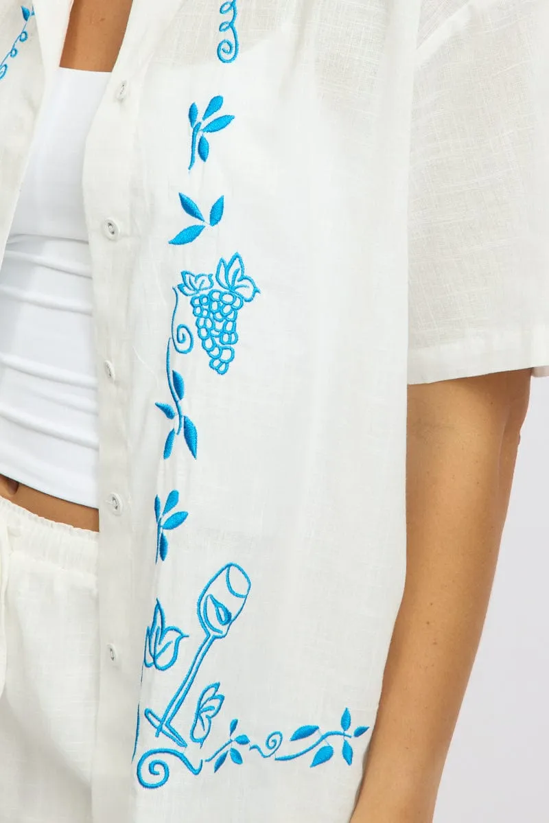 White Embroidery Shirt Short Sleeve Linen Blend