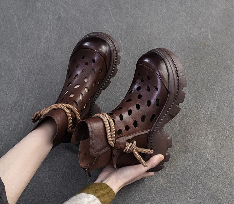 Women Retro Stylish Hollow Chunky Heels Comfy Short Boots