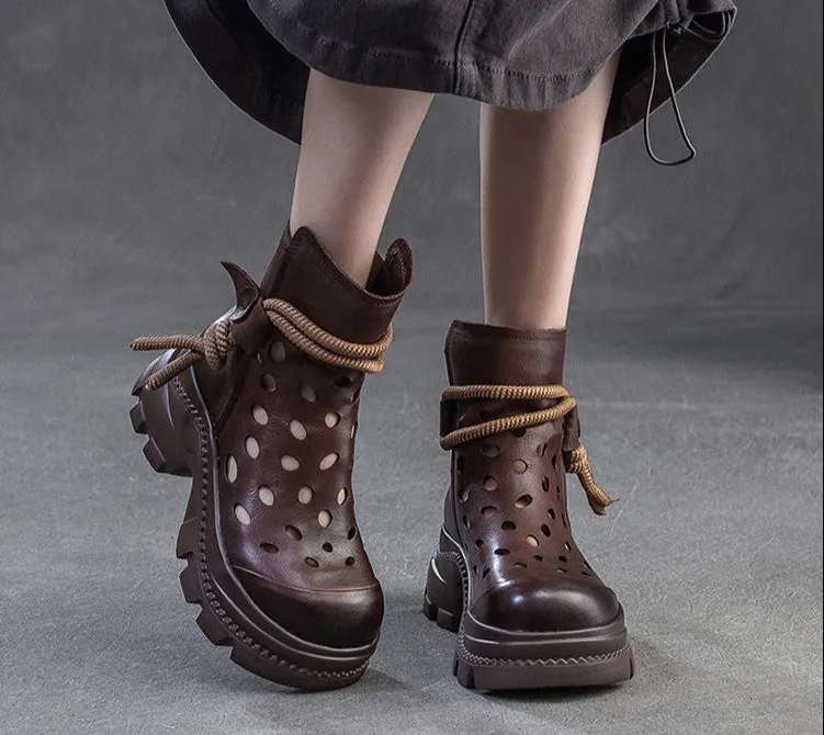Women Retro Stylish Hollow Chunky Heels Comfy Short Boots