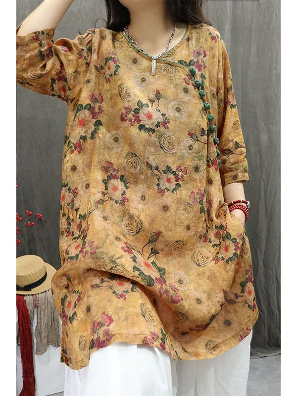 Women Yellow Stylish Retro Printed Mid-Length Ramie Blouse