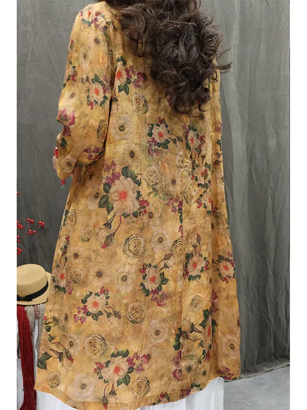 Women Yellow Stylish Retro Printed Mid-Length Ramie Blouse
