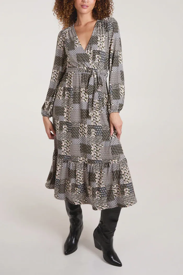 Wrap Front Patchwork Print Midi Dress - Khaki