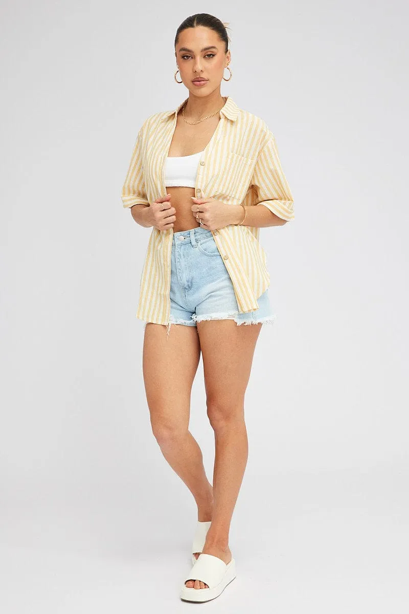 Yellow Stripe Shirt Short Sleeve Collared Neck